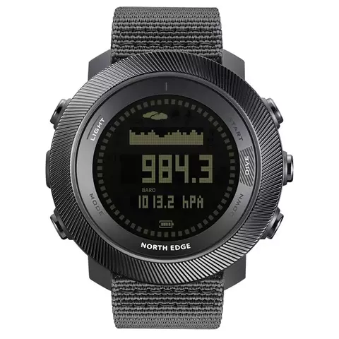 Relógio digital North Edge Apache D com pulseira cinza, mostrador eletrônico exibindo pressão barométrica e gráficos, ideal para free dive e caça submarina