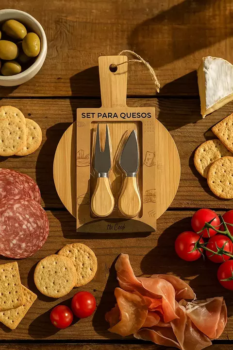 Tabla Queso +2 Utensillos Cuchillo Tenedor Madera