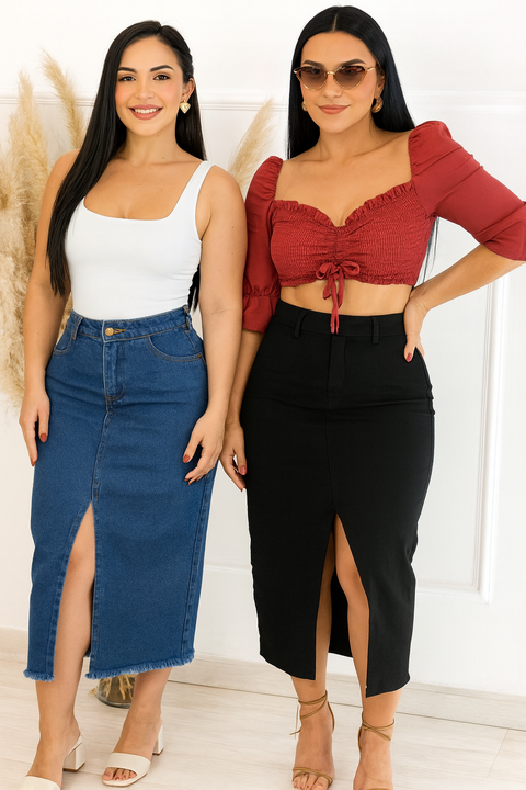 Saia jeans midi fenda frontal jeans - comprar online