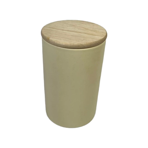 Pote decorativo de cerâmica com tampa de madeira para guardar mantimentos tamanho M - 7131-21