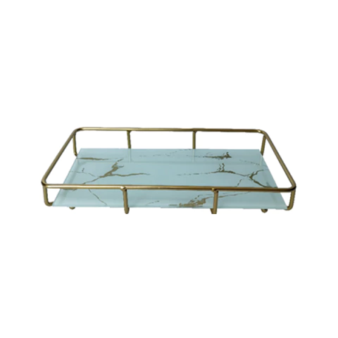 Bandeja Decorativa de Metal G 28,5x19x5cm – Formato Retangular com Base Marmorizada e Moldura Dourada - CT22-062