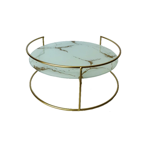 Bandeja Decorativa de Metal Alta 29,5x29,5x12,5cm – Formato Redondo com Base Marmorizada e Estrutura Dourada - CT22-065