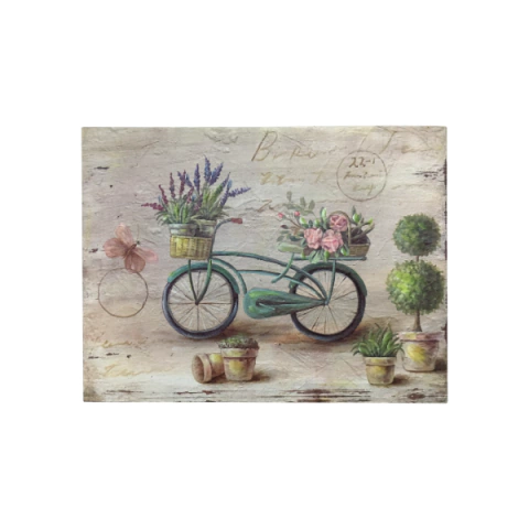 Gravura Impressa Emoldurada em Madeira 40x30cm – Bicicleta Vintage com Cestos Florais - FR1994