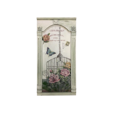 Gravura Impressa Emoldurada em Madeira 40x80cm – Painel Vintage com Gaiola, Borboletas e Flores - FRT2073