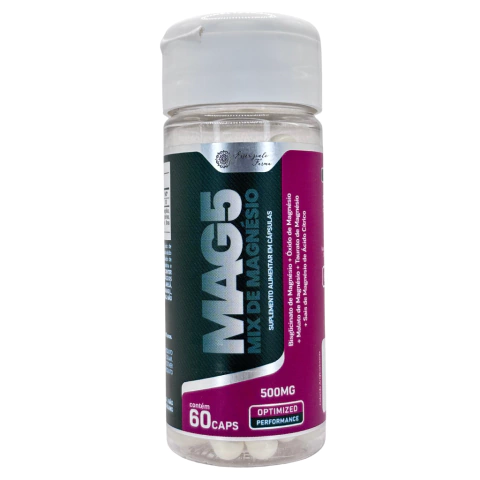 Frascos do suplemento MAG5 Mix de Magnésio com cápsulas brancas destacadas, mostrando alta biodisponibilidade e 350mg por dose