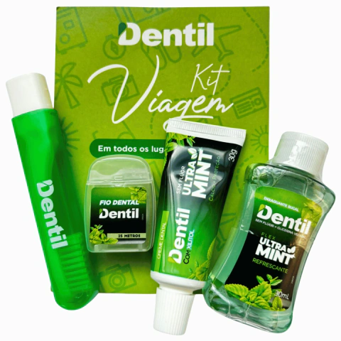 Kit Viagem Higiene Bucal Dentil Sem Flúor | Creme Dental 30g + Escova de Viagem + Fio Dental 25m + Enxaguante Bucal 30ml