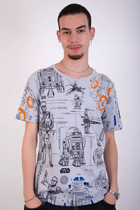 CAMISETA STAR WARS MOVIES DROIDS ADULTO CINZA