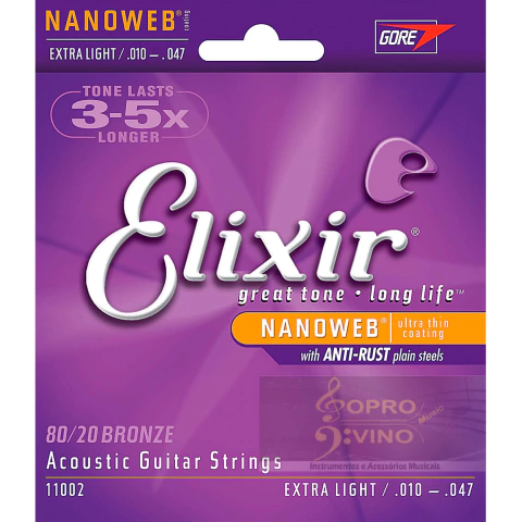 Encordoamento Violão Aço .010 Bronze 80/20 Extra Light Nanoweb Elixir Cod. 11002