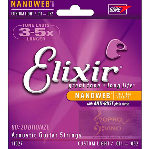 Encordoamento Violão Aço .011 Bronze 80/20 Custom Light Nanoweb Elixir Cod. 11027