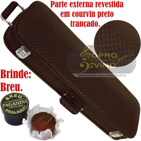 Estojo Case Violino 4/4 Courvin Trançado Marrom Retangular Pelúcia com Alça L. Cases