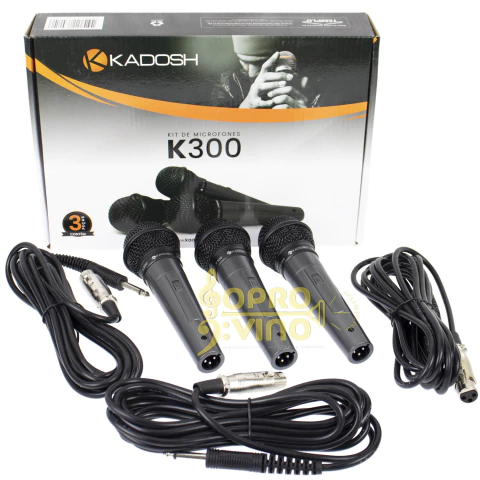 Kit c/ 3 Microfones com Fio Mão Dinâmico Kadosh K300 + Cabos + Bags Cod. 28167