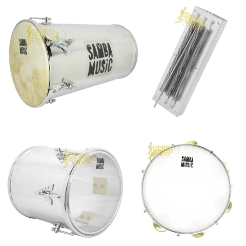 Kit Percussão Rebolo Cônico Repique Mão Pandeiro Reco-Reco Samba Music by PHX (Prata)