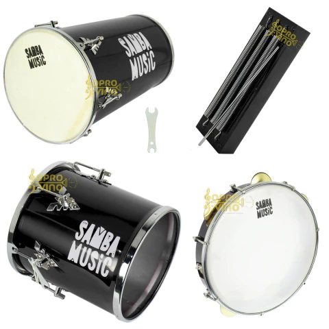 Kit Percussão Rebolo Cônico Repique Mão Pandeiro Reco-Reco Samba Music by PHX (Preto Fosco)