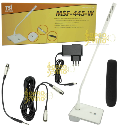 Microfone de Mesa Gooseneck Phantom Power c/ Haste Flexível 45cm Profissional TSI MSF-445W Branco