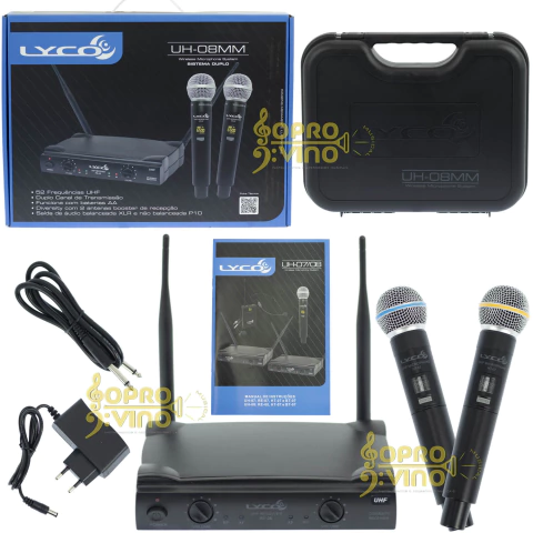 Microfone Sem Fio De Mão Duplo c/ 02 Bastão Wireless Lyco UH08-MM c/ 52 Canais UHF