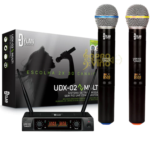 Kit 02 Microfones Sem Fio UHF Profissional Dylan Music UDX02 Multi + Estojo e Acessórios