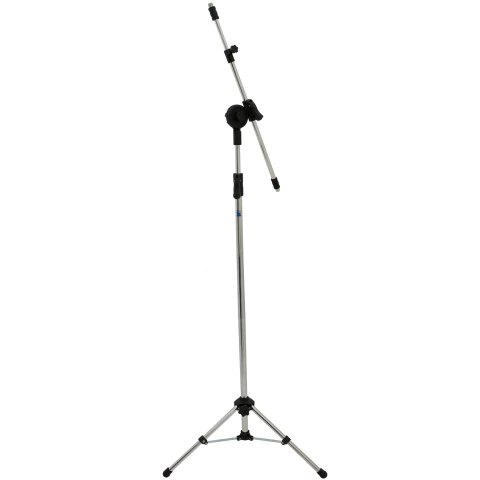 Suporte Pedestal Girafa Telescópico Cromado Gatilho p/ 02 Microfones + Cachimbos Visão Musical Cód. PE3TCR