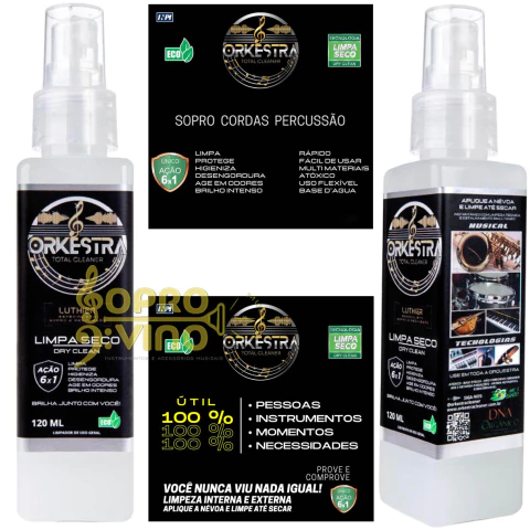 Limpador Higienizador Spray 6 em 1 p/ Instrumentos Musicais Metal Orkestra Eco Linha Luthier 120ml