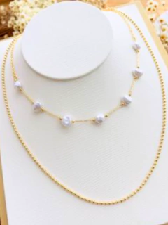 Colar Duplo Bolinhas e Pérolas Irregulares