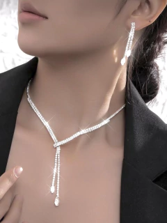 Colar e Brincos Festa Strass Duplo - comprar online