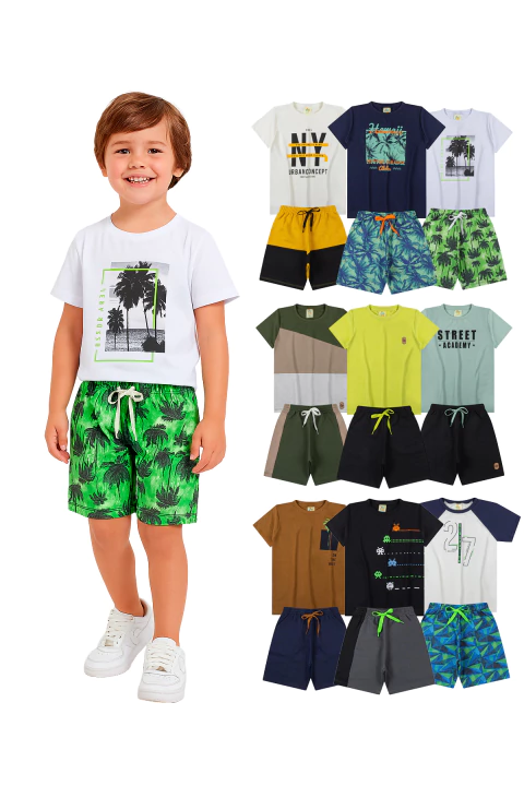 Kit 3 Conjuntos Sortidos Roupa infantil/Juvenil Menino Verão - 2 ao 12