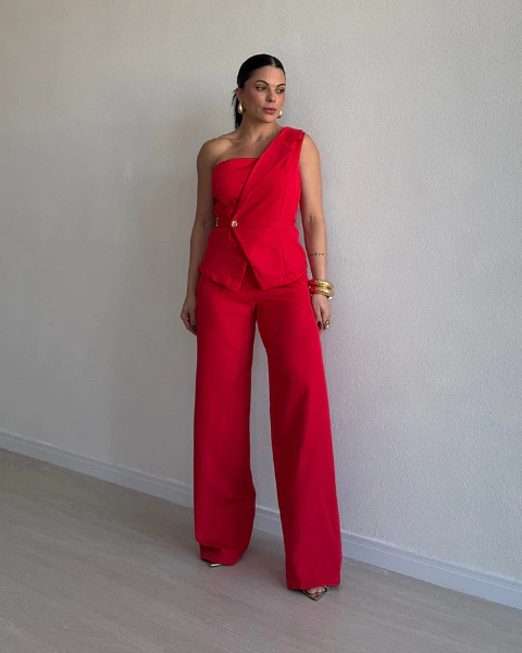 Conjunto Milolly Assimétrico em Crepe de Alfaiataria com Calça Pantalona - comprar online