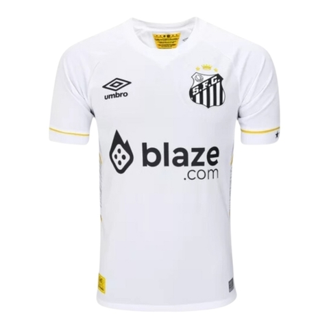 Camisa Santos I 23/24 - Torcedor Umbro Masculina - Branca com detalhes em amarelo e Com Patrocínios