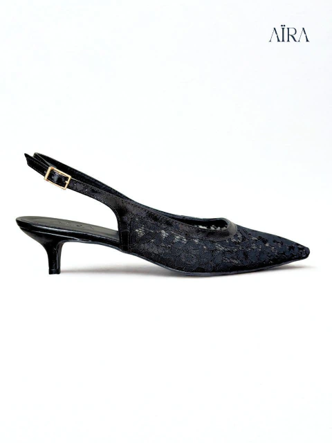 Slingback Aline Couro/Renda Preto