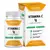 Frasco e caixa branca e amarela  do suplemento alimentar Vitamina C  NatusDay Vitaminas, contendo 30 cápsulas de 1g cada com ácido ascórbico. Não contém glúten. Não contem açucares.