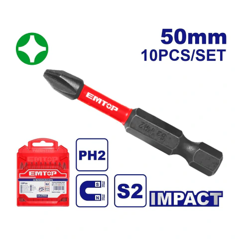 Set x 10u puntas PH2 x 50mm alto impacto S2 mag Industrial EMTOP X UNIDAD