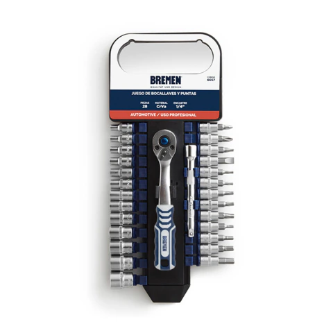 JUEGO BOCALLAVES .PORTATIL Enc.1/4" x28 Pzs. (4-14mm) + (13 PUNTAS) BREMEN