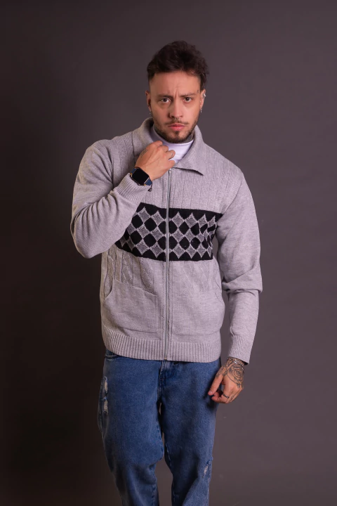 Suéter Tricot Cinza Geométrico com Zíper Roma Saints - comprar online