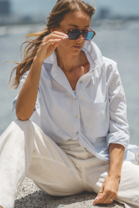 Camisa de Tricoline Listrada Azul Claro