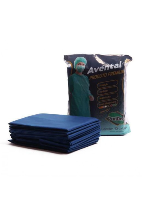 Avental azul tnt sem manga 30 gramas pacote com 10 unidades Protdesc