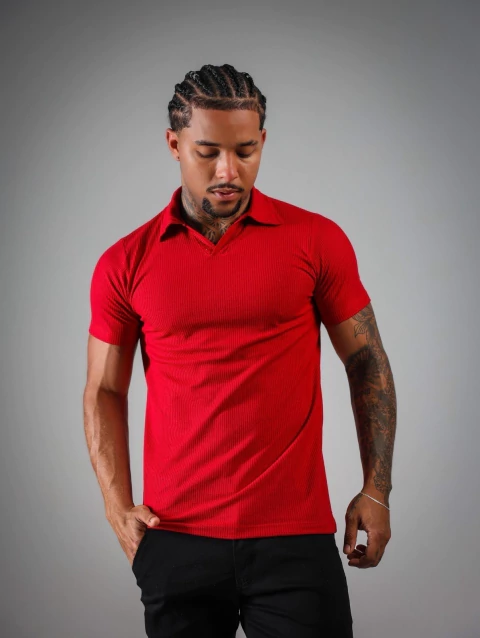 Camisa gola V italiana tricô texturizado red