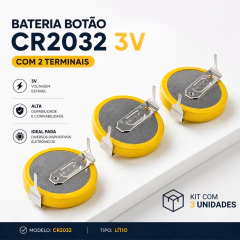KIT 3 Baterias De Litio 3v Cr2032 Moeda 225mah Com 2 Terminais