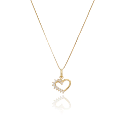 Pingente Coração Vazado Zircônias Com Corrente Veneziana Em Ouro 18k