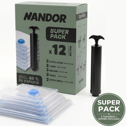 Bolsas al Vacío Nandor Super Pack x12 con Bomba Manual | Ahorra 80% de espacio.