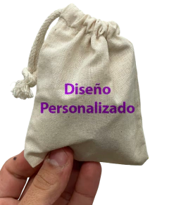 Bolsa saquito de tela color natural con cierre de cordón, tamaño 9x12 cm, con diseño personalizado estampado a todo color
