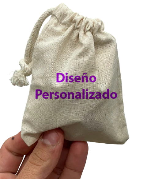 Bolsa saquito de tela color natural con cierre de cordón, tamaño 9x12 cm, con diseño personalizado estampado a todo color