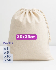 Bolsa de lienzo de algodón color natural con cordón ajustable tipo ahorque, tamaño 30x35 cm, modelo liso