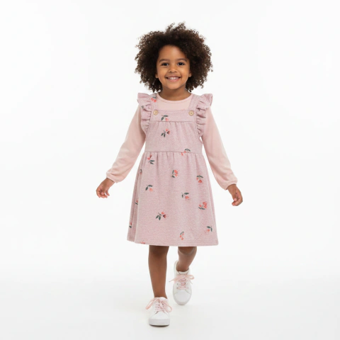 Salopete Infantil Menina Rosa Floral com Babados e Blusa Manga Longa | Cotton Leve e Moletom Linho Felpado