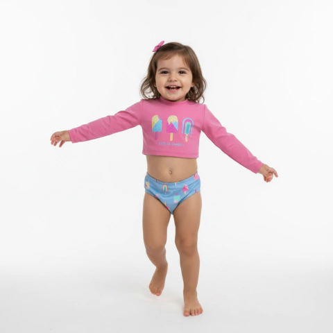 Conjunto Biquíni Infantil Menina Azul com Estampa Picolé | Poliéster e Elastano Proteção UV