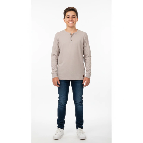 Camiseta Juvenil Menino Manga Longa Básica Cinza | Algodão Confortável com Botões