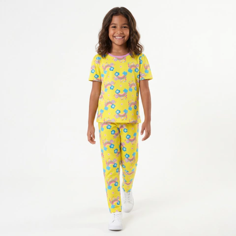 Conjunto Infantil Menina Arco-Íris Amarelo | 96% Poliéster 4% Elastano, Manga Curta e Calça