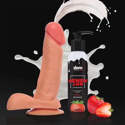 KIT SPLASH PÊNIS BEGE QUE EJACULA COM VENTOSA E ESCROTO 16,5X4CM MAIS SEMEN LUB MORANGO LUBRIFICANTE