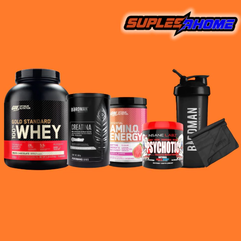 GOLD STD 5LB + BIRDMAN 450 GR + AMINO ENERGY + PSYCHOTIC ROJO + SHAKER BIRDMAN