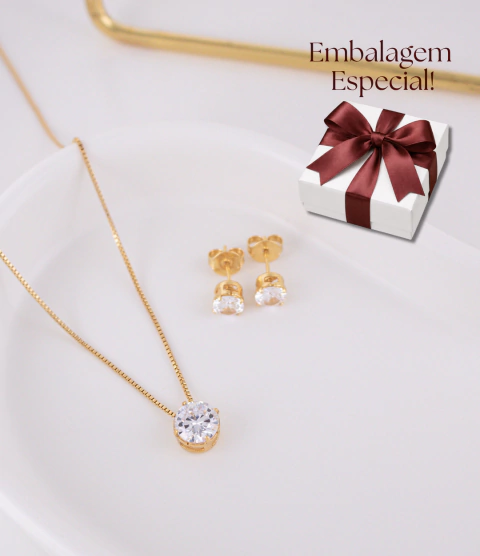 Conjunto Colar e Brinco Cristal Banho de Ouro 18k