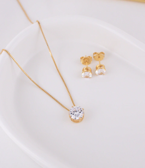 Conjunto Colar e Brinco Cristal Banho de Ouro 18k