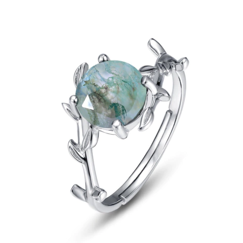 Anel Raízes em Prata com Ágata Musgo